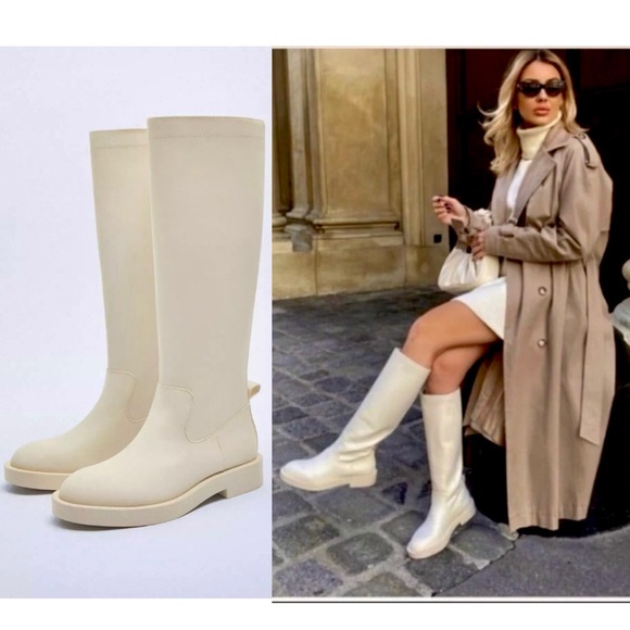 Zara Shoes - Zara NWT cream nude rubberized knee high round toe low lug sole boots - size 39